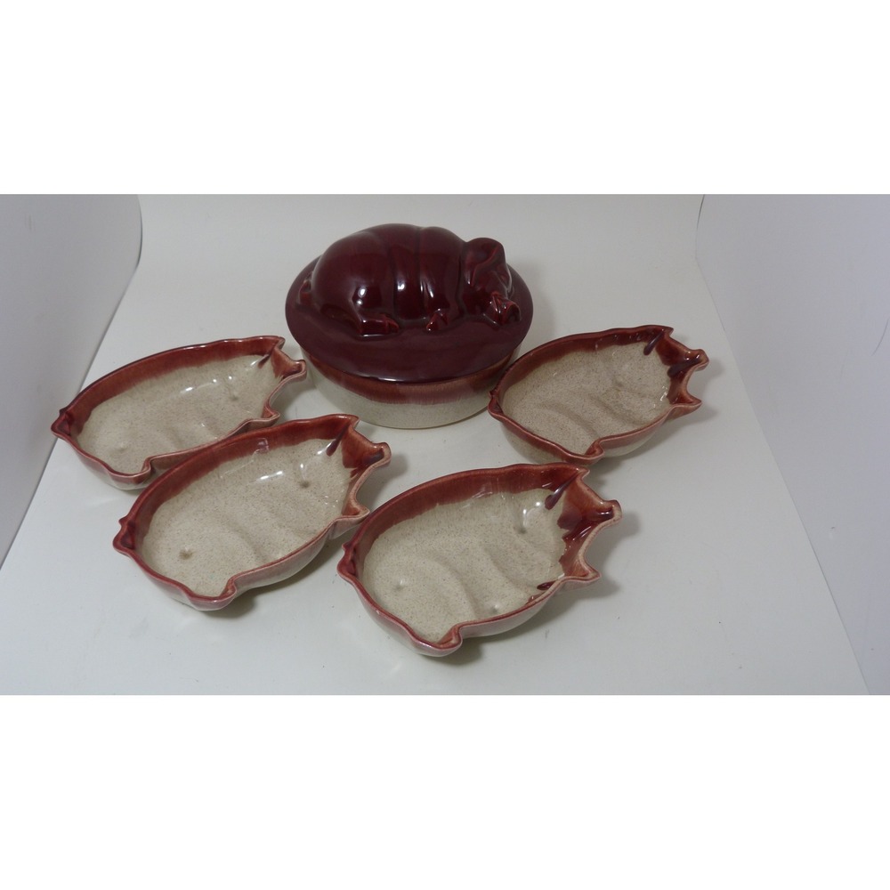 Vintage Ceramic Pig Tureen and 4 Matching Pig Shaped Bowls Serving Set Red Cream